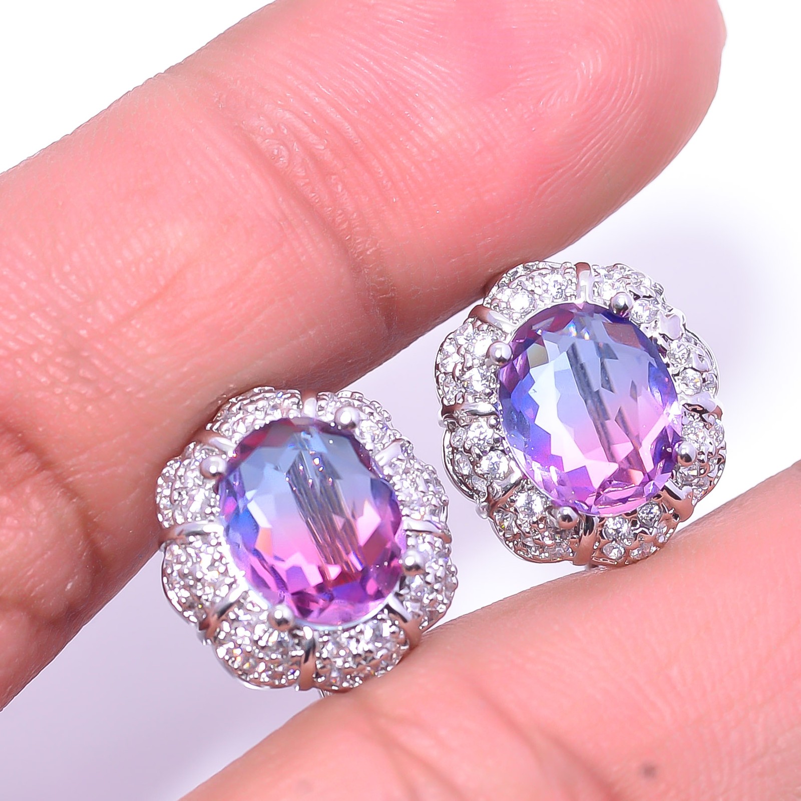 Bi-Colour Tourmaline & Cubic Zirconia 925 Sterling Silver Earring 0.59″ E97621