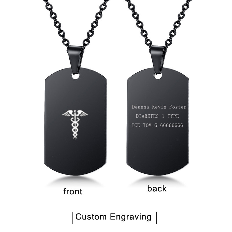 Black Medical Alert ID Name Men Necklace Chain Pendant Dog Tag Emergency Jewelry