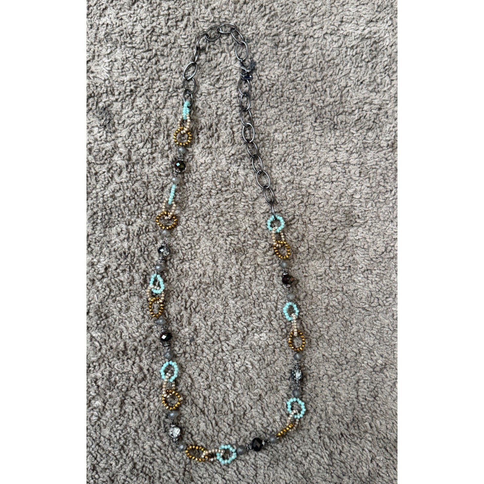 Vera Wang Simply Vera Beaded 36″ Long Necklace Gunmetal Turquoise Gold Tassel