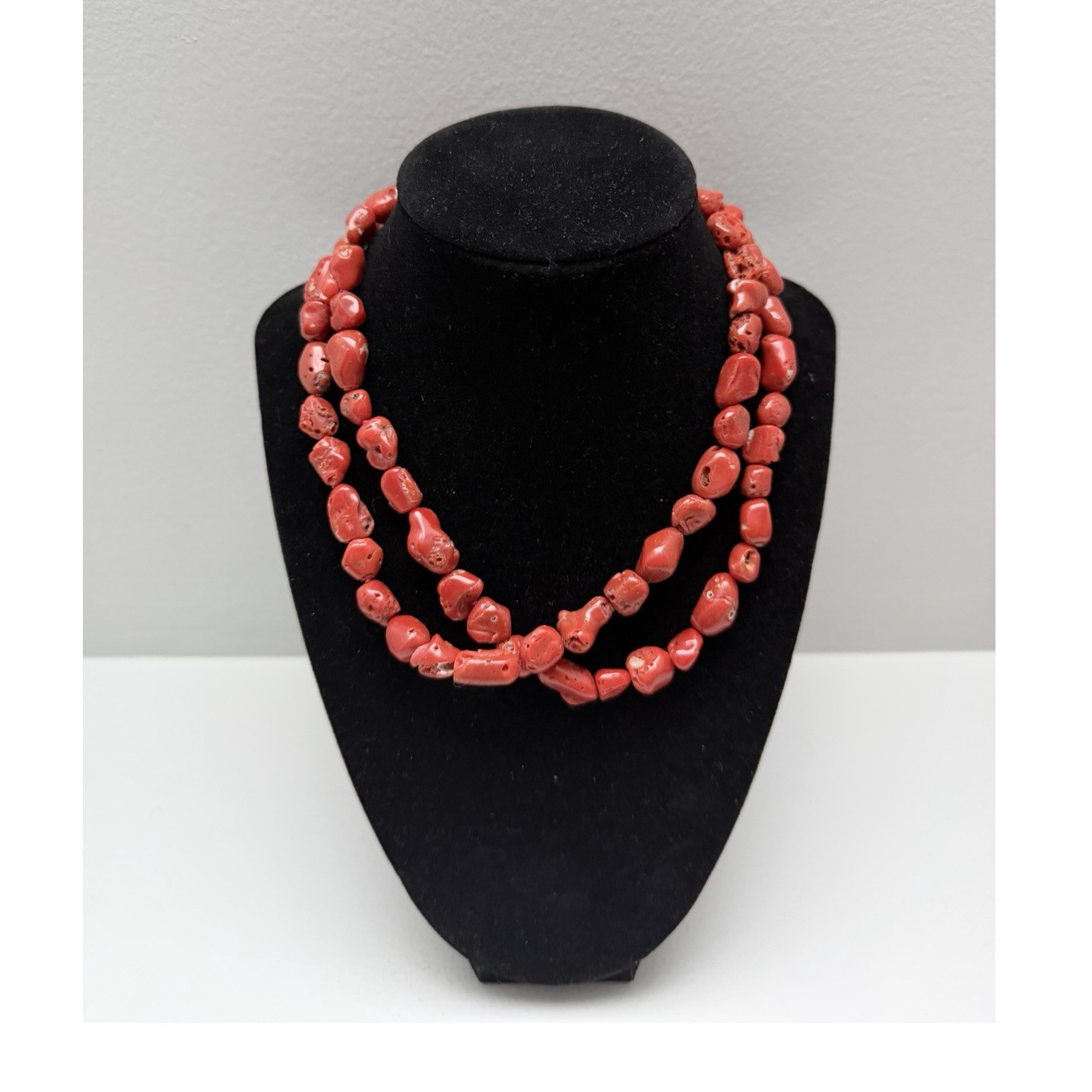 clara williams double strand red defined coral with gold clasps