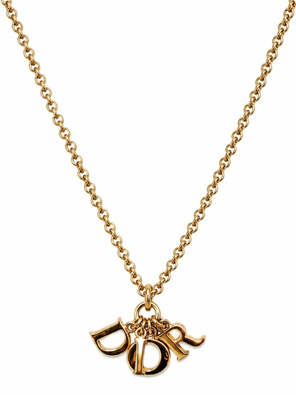 Christian Dior Logo Charm Gold Tone Pendant Necklace Vintage