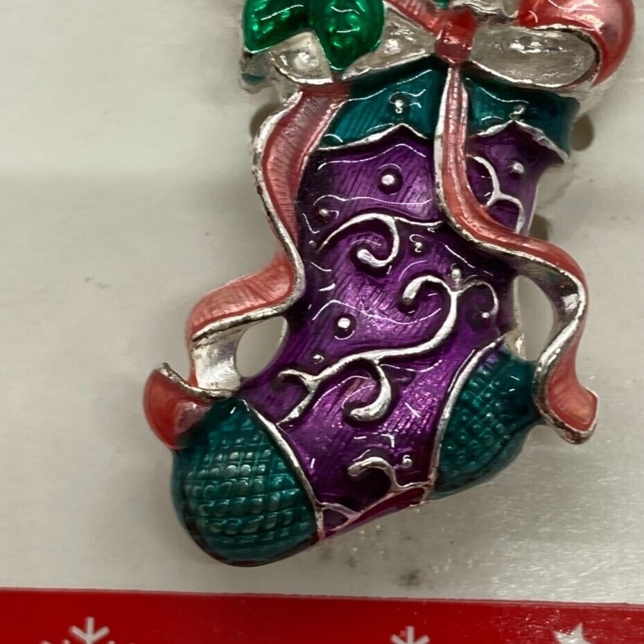 Christopher Radko Christmas 2″ Pin Kitty Cat Stocking Enamel Rhinestones New