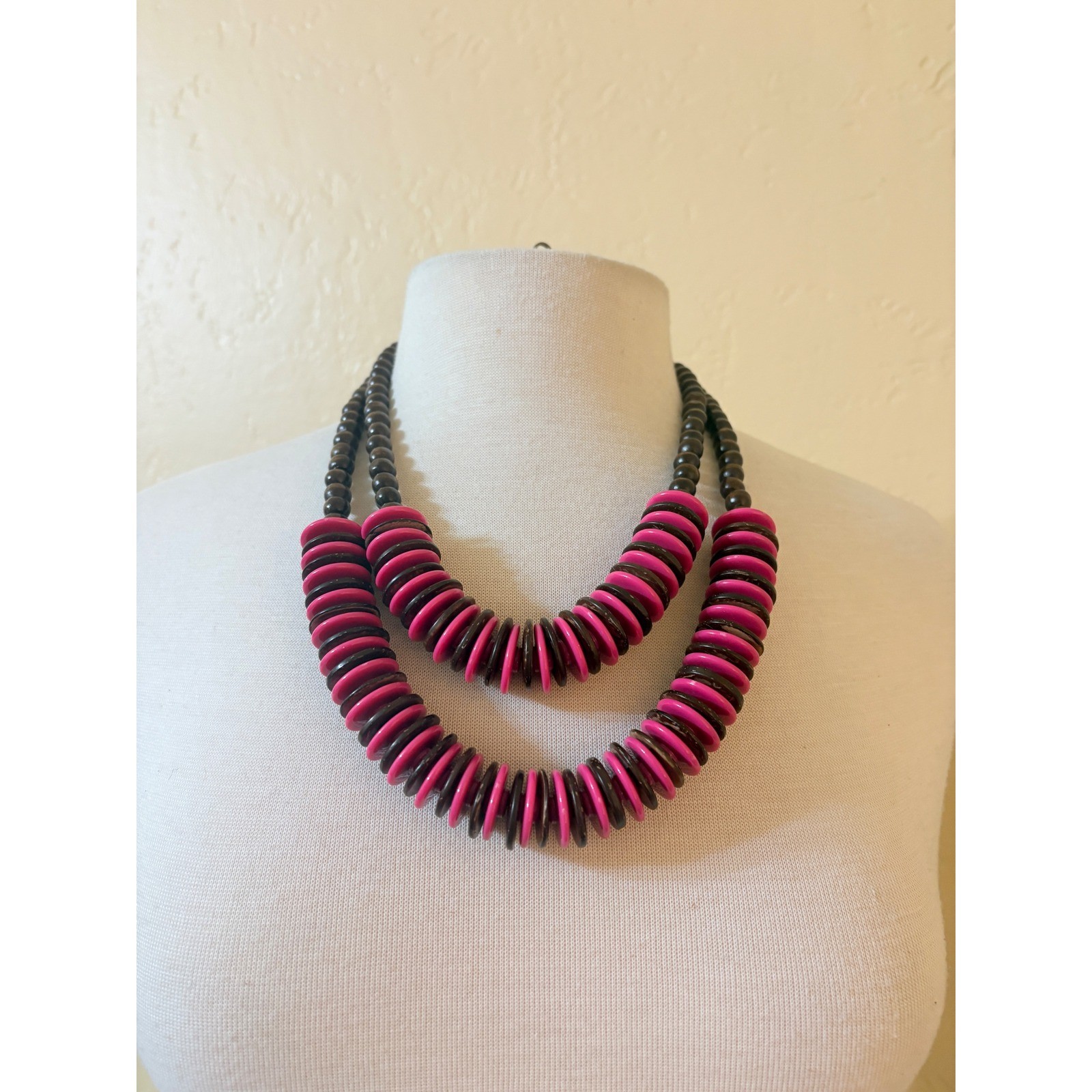 Pink Brown Wood Bead Double Strand Necklace and Disc Earring Set Boho Tropical