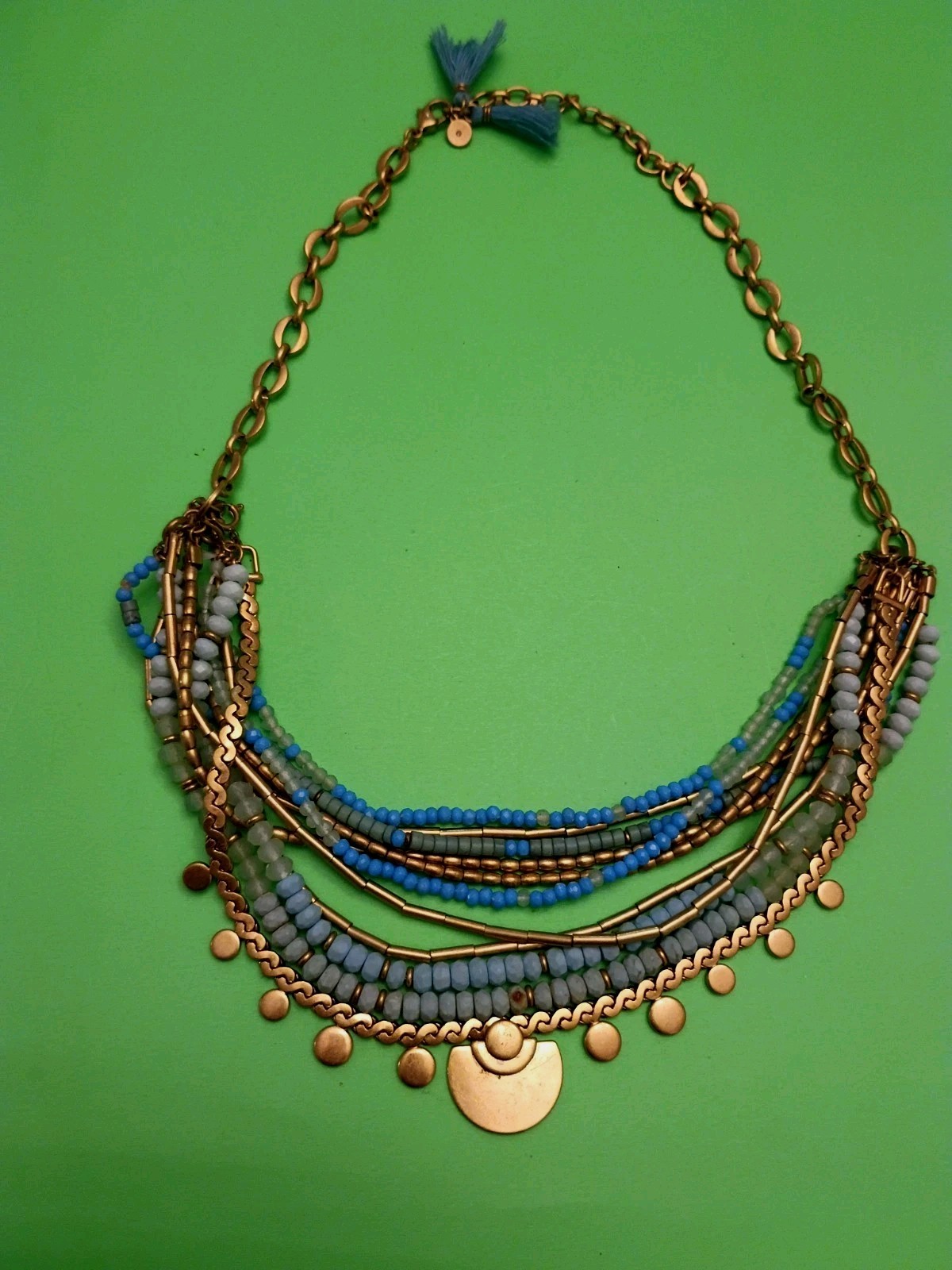 Stella And Dot Multi Strand Necklace Aqua Bead Gold Tone Chains