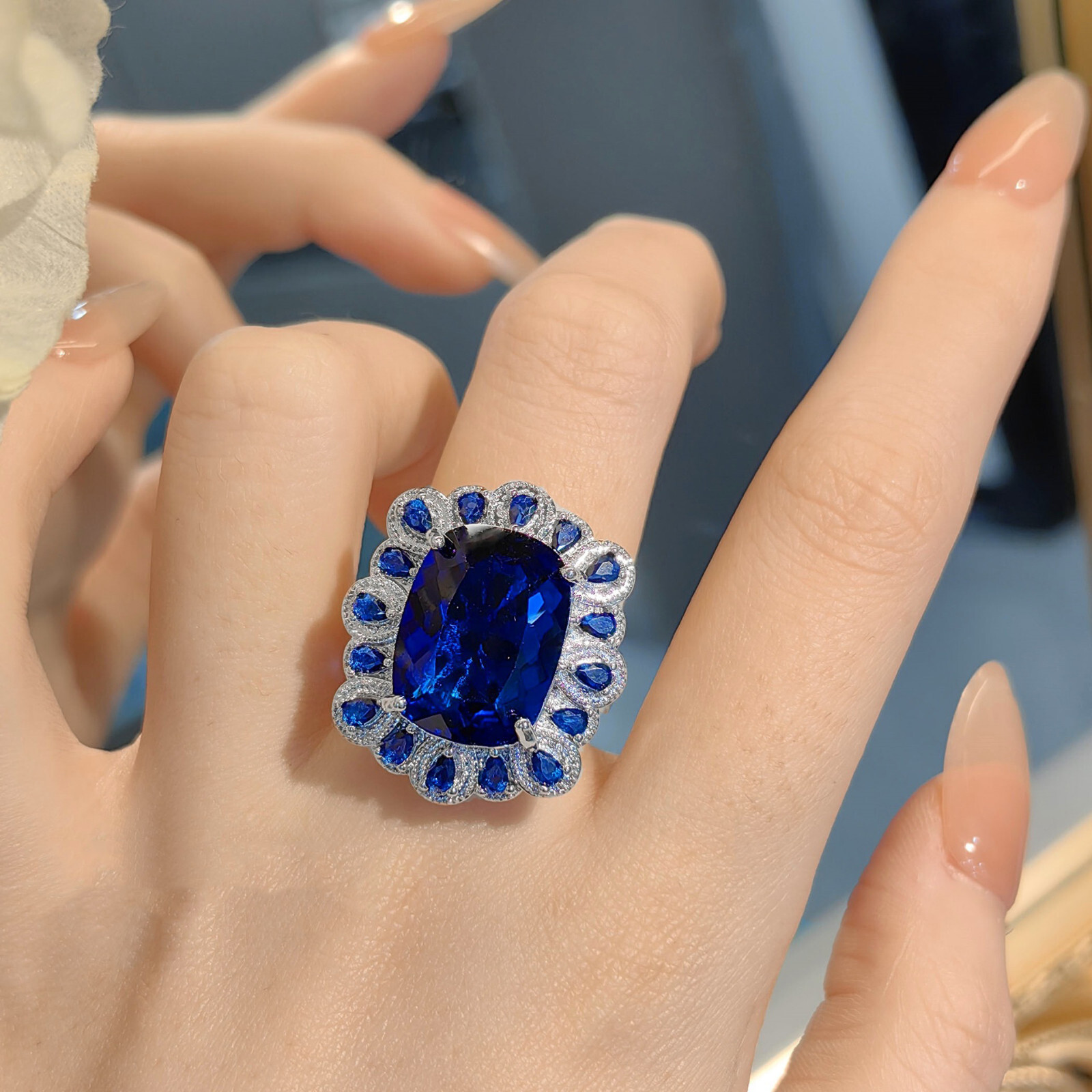 3pc European Royal Blue Topaz Gemstone Luxury Women Silver Necklace Ring Earring
