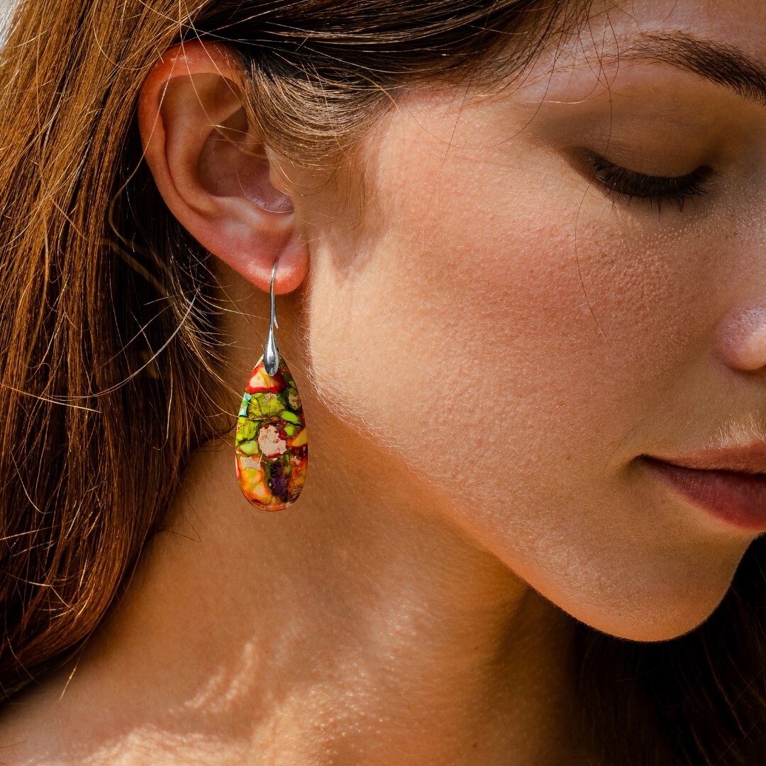 Natural Floral Jasper Teardrop Dangle Earrings Healing Stone Drop Earrings Gift