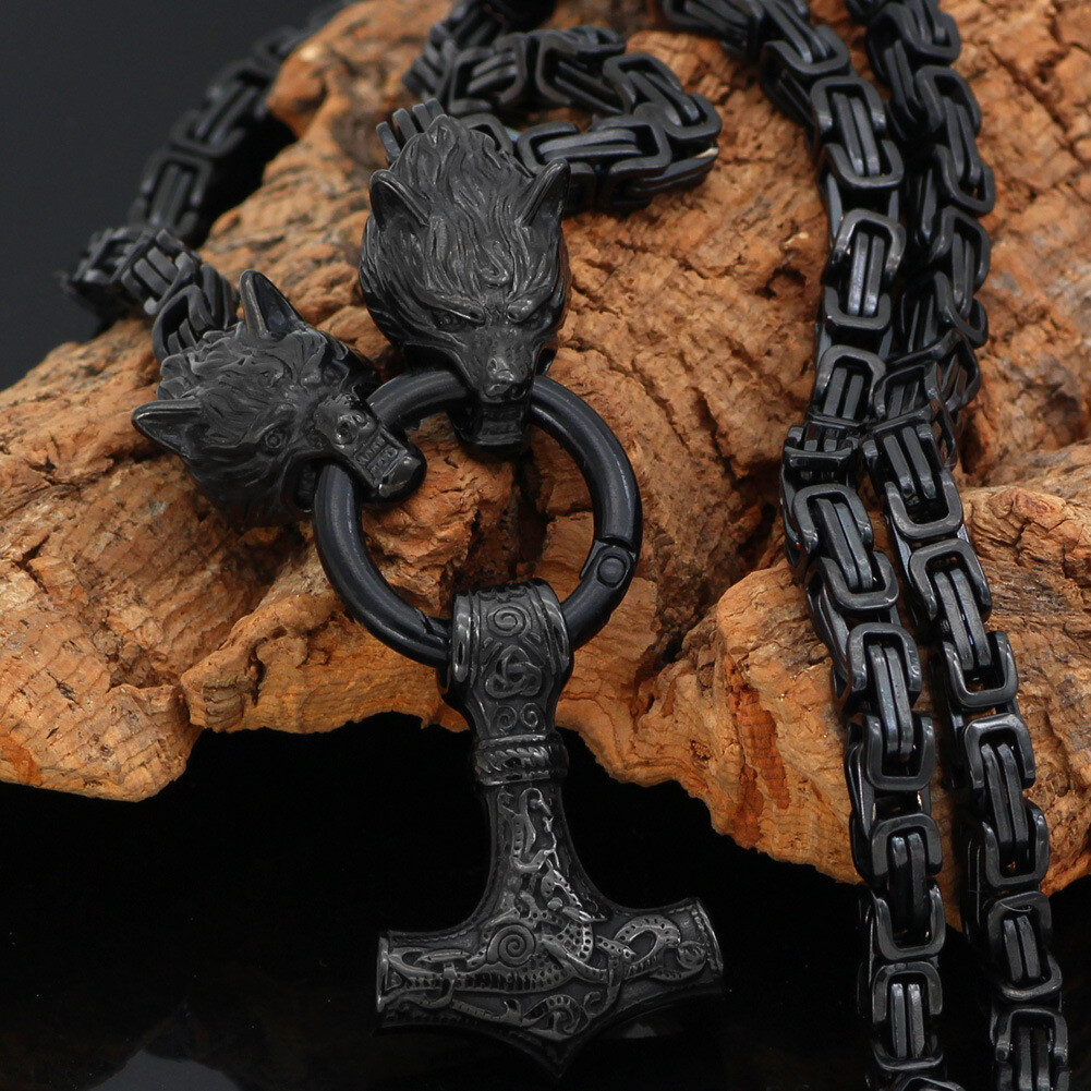 Men’s Stainless Steel Nordic Viking Wolf &Thor Hammer Mjolnir Pendant Necklace