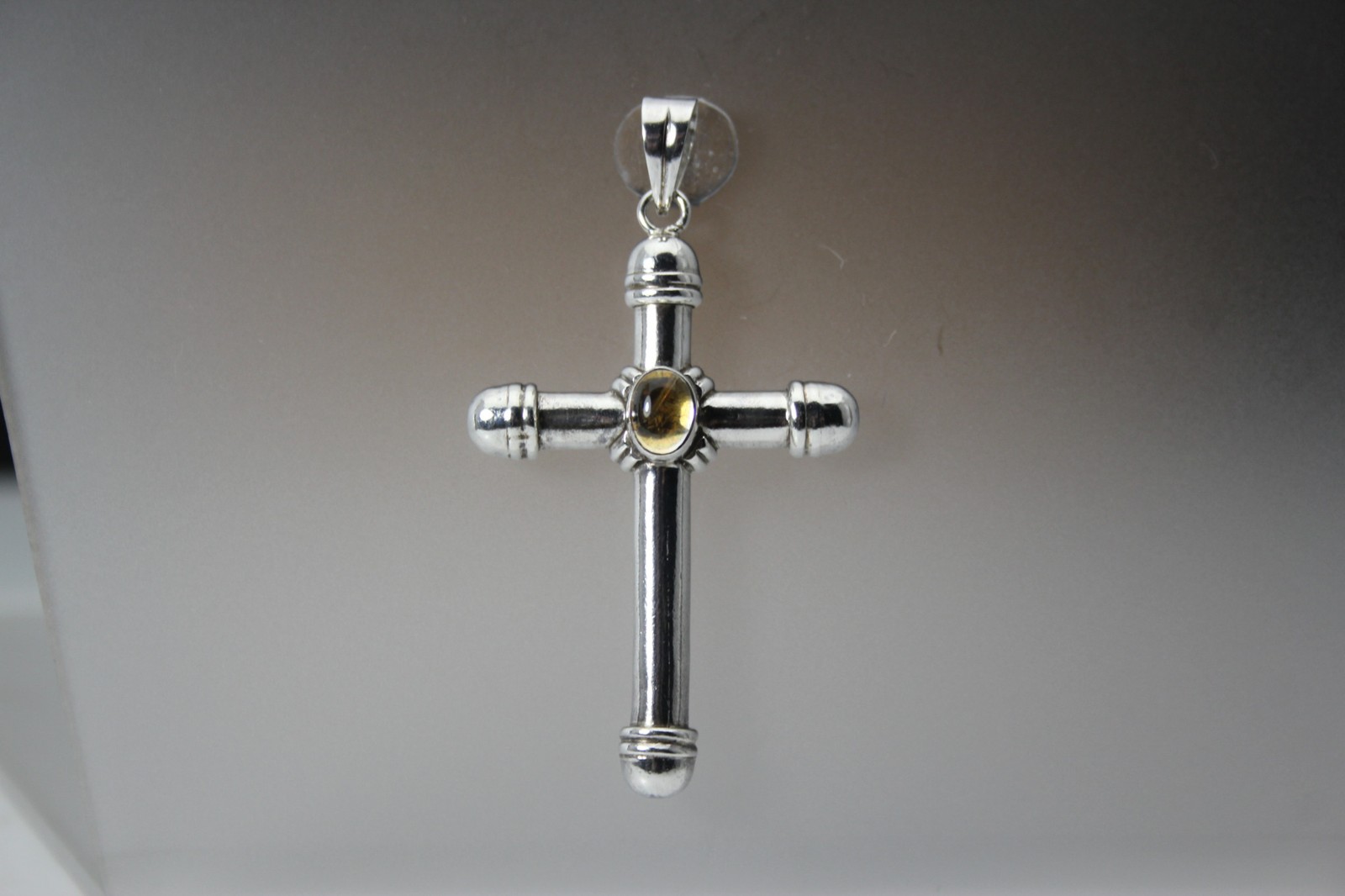 925 Sterling Silver Oval Yellow Stone Large Cross Pendant 7.3 Grams (PEN10218)