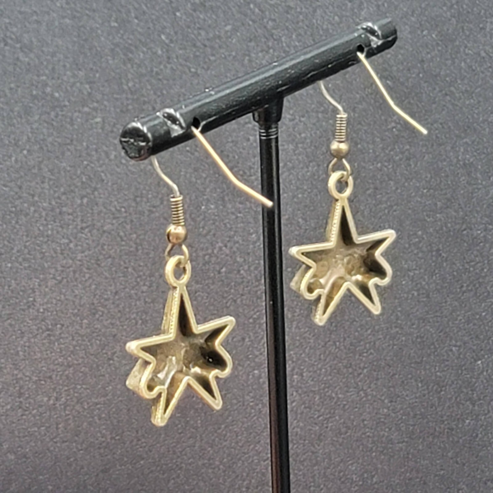 New WINGED STARS Pierced Earrings Bronze tone Dangle 7/8″