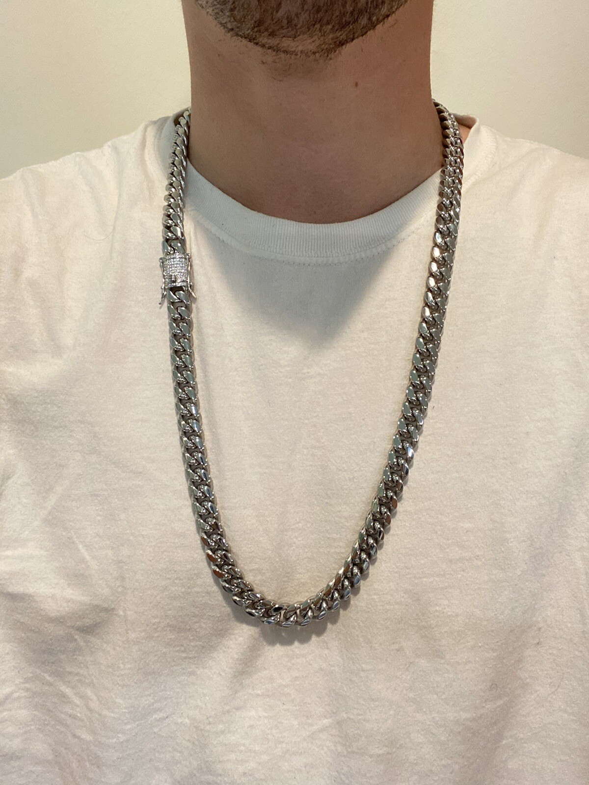Miami Cuban Chain 14k White Gold Plated SS Mens HipHop Iced CZ Clasp Necklace