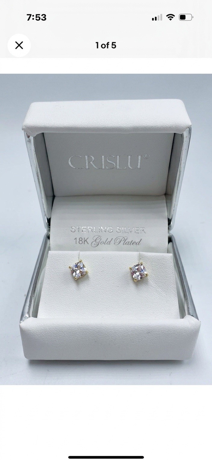 NIB CRISLU Cubic Zirconia Stud Earrings~Sterling Silver goldPlatinum Plated d