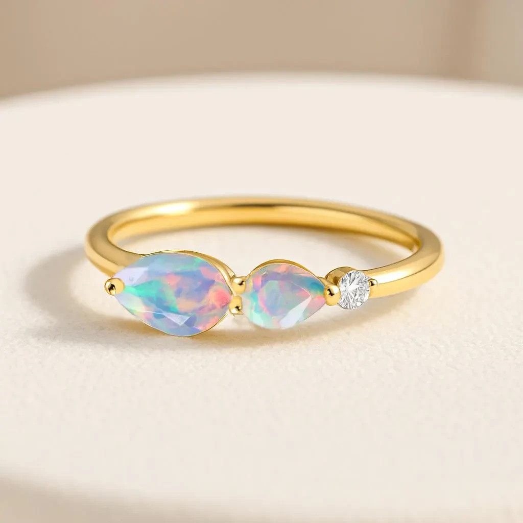 AAA Ethiopian Fire Opal Three Gemstone Stackable Ring, Natural Opal Gemstone