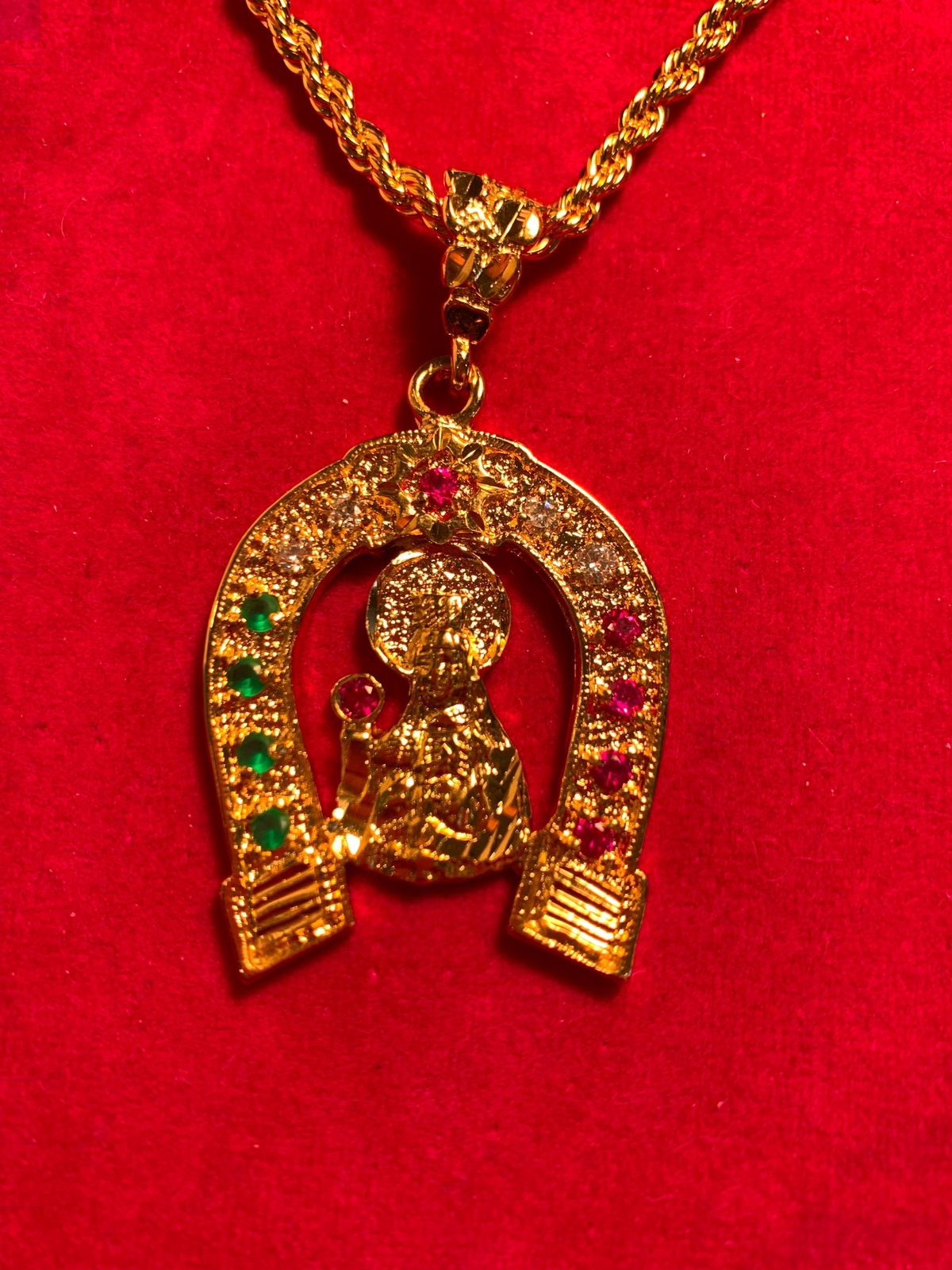 14KT GOLD PLATED THREE COLOR CZ GUADALUPE CHARM WITH 30″ 4MM ROPE CHAIN-9001g