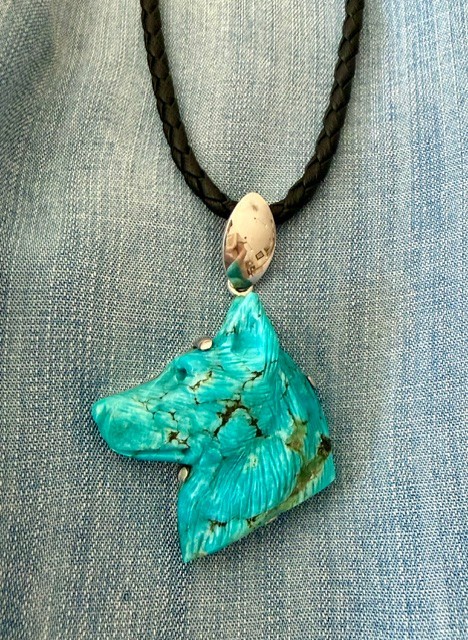 Natural Turquoise Handcrafted Wolf Head Pendant, On A 925 Sterling Silver Base.