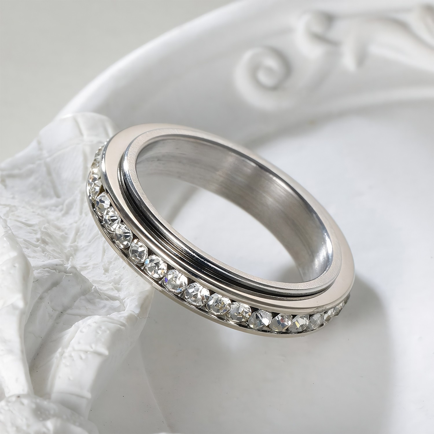 Silver Copper Zircon Fidget Relieving Anxiety Rotatable Ring Gift Size 5 to 12