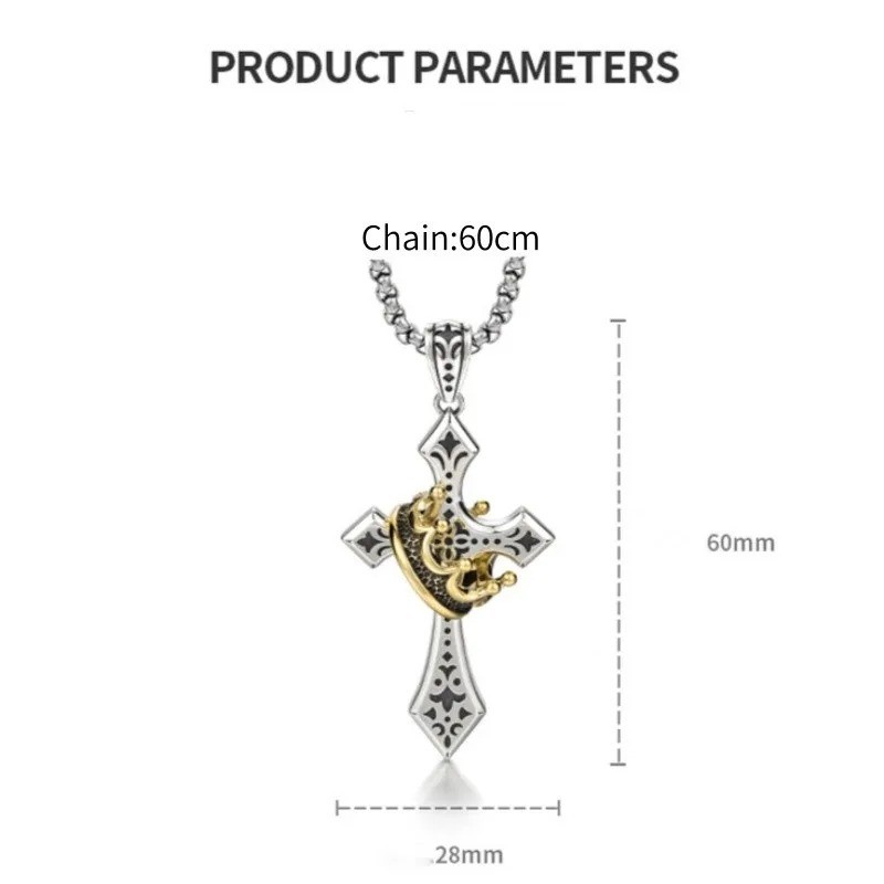 Mens Stainless Steel Cross Necklace with Gold Crown Pendant Christian Jewelry US
