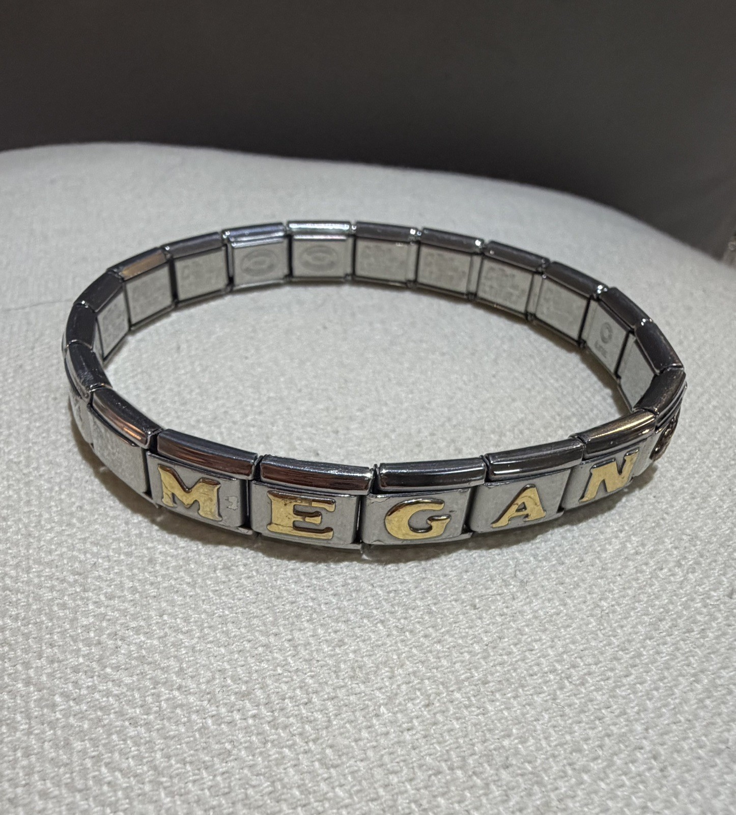 Vintage Italian Charm Bracelet Stainless Steel Gold Tone Name Megan 9mm Link