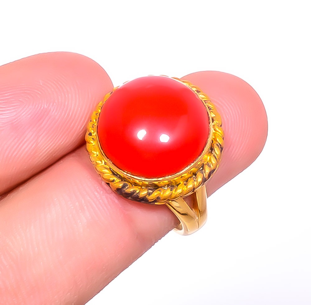 Red Coral Gemstone 925 Silver Plated 18k Yellow Ring s.7.5 R7623-178