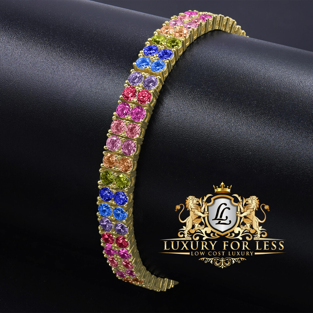 Rainbow Multi High Quality AAA+ Grade Simulated Diamond Gold Tone 2 Row Bracelet