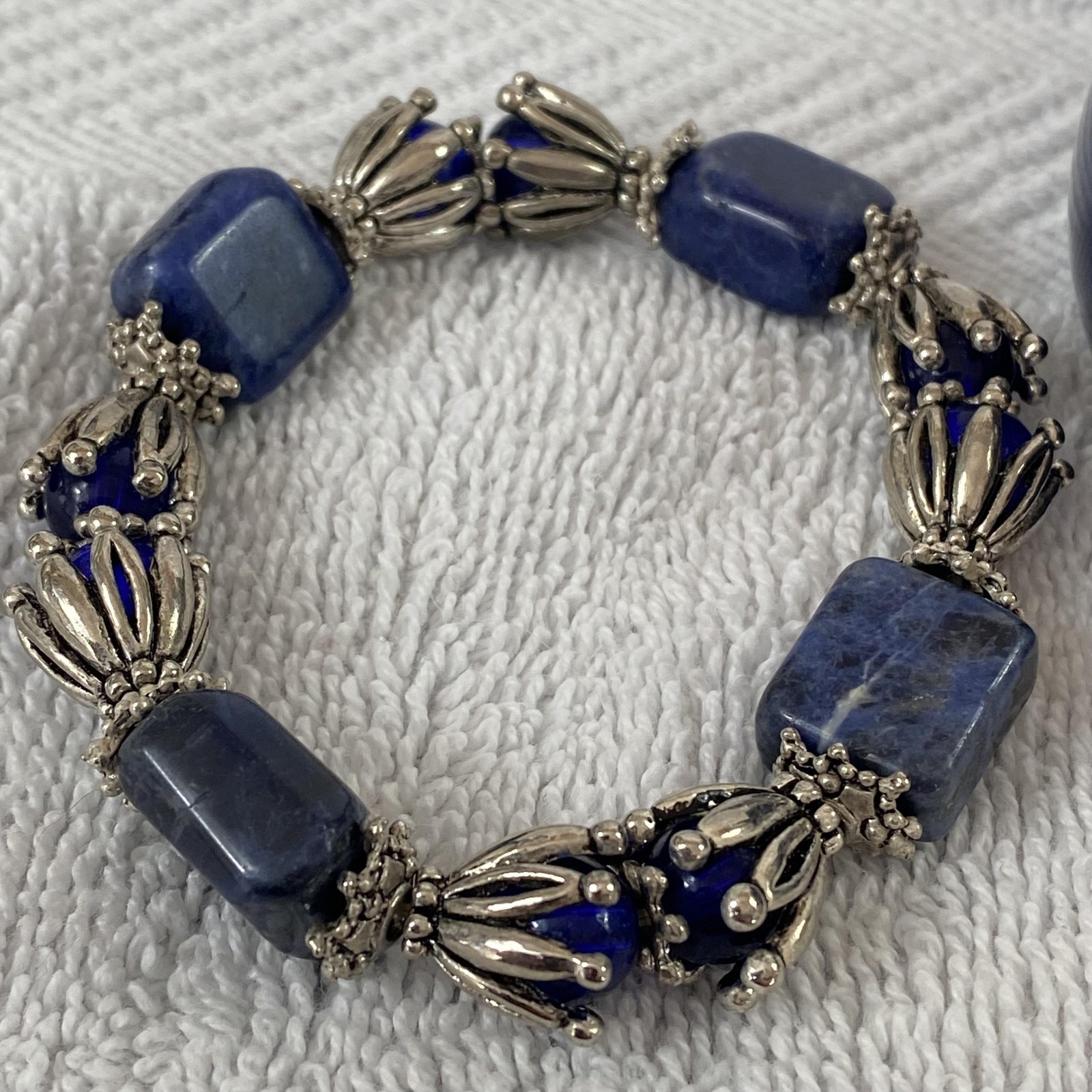 Blue Womens Bracelet Set Lot Of 3 Bangle Gemstone Porcelain Beads Boho 7.8 In