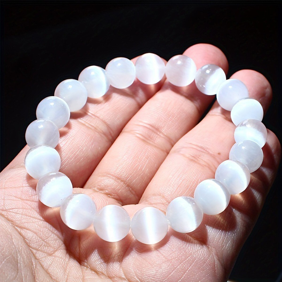 Handmade Natural Selenite Elastic Stretch Bracelet – 8mm Round Gemstone Bead