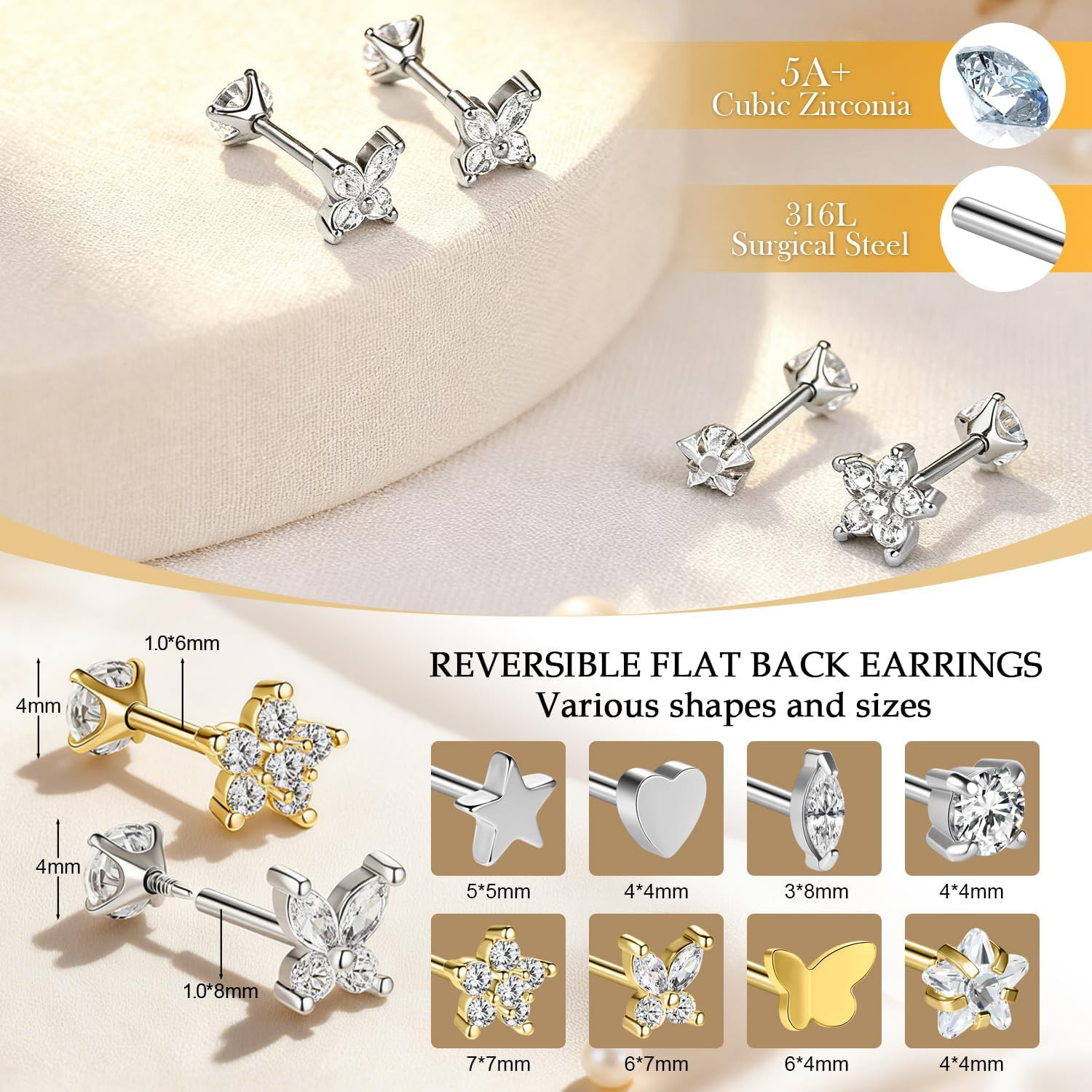 18G Reversible Flat Back Earrings for Cartilage Hypoallergenic Surgical Steel St