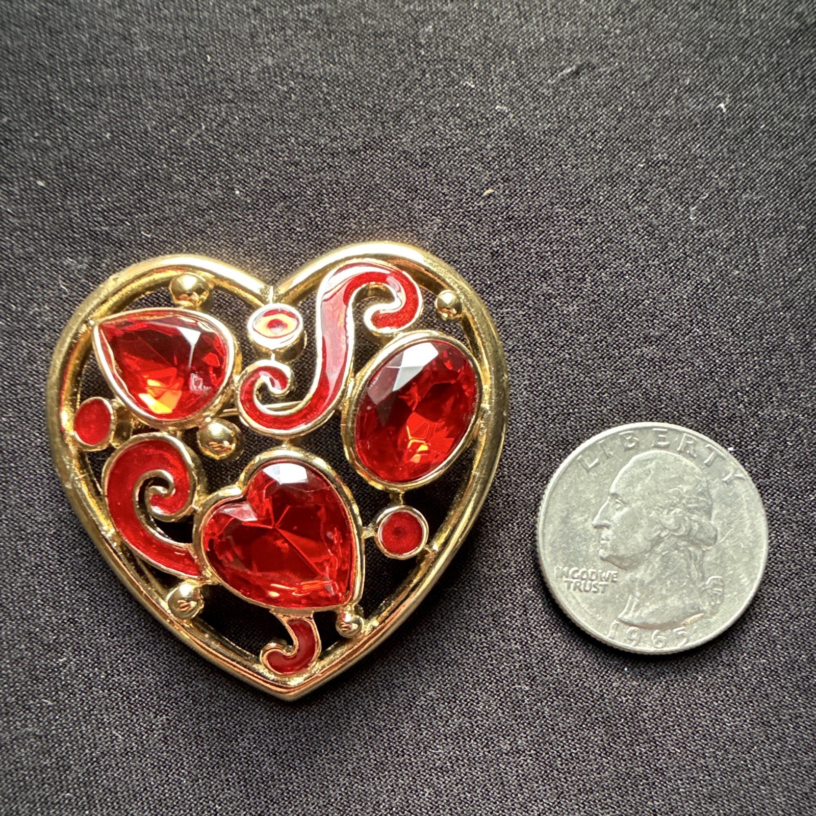 Vintage Trifari Signed Gold Tone Red Enamel Heart Brooch Pin w/ Red Rhinestones