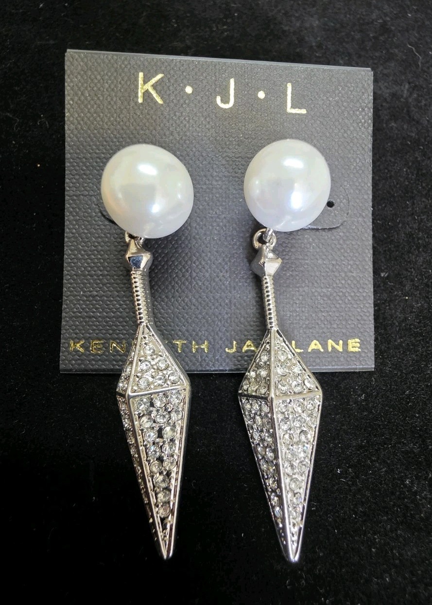 New Nwt Kenneth Jay Lane KJL Crystal Drop Dangle Earrings Faux Pearl Silver Tone