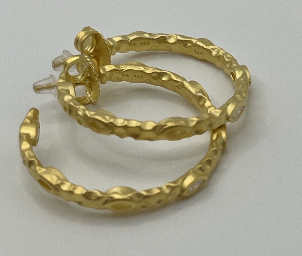 Freida Rothman Gold Hammered Hoop Earrings With CZ Bezel Detail NEW