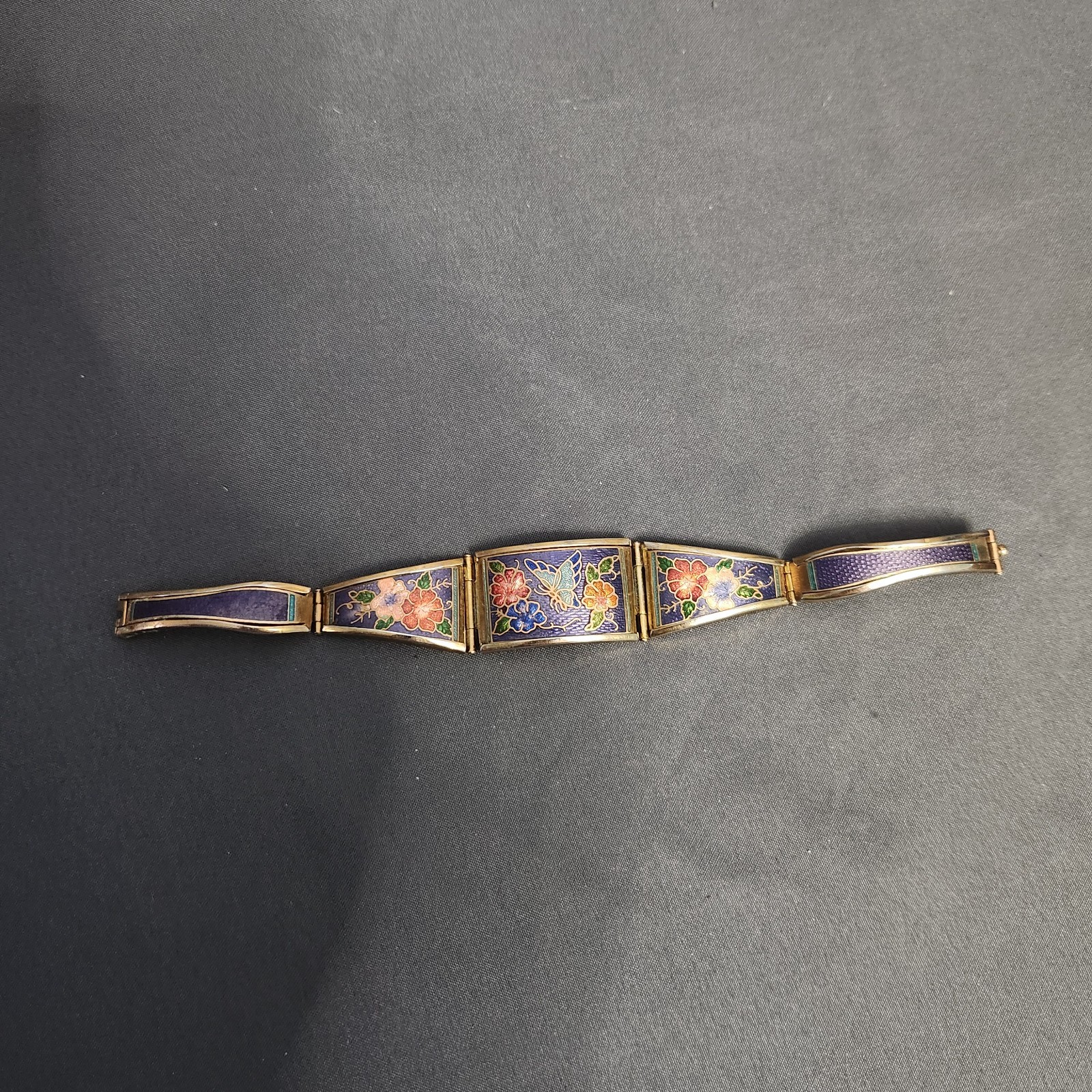 Vintage Chinese Cloisonne Enamel Panel Link Bracelet Butterfly Floral Purple