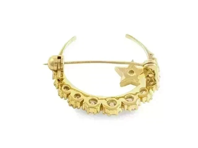 Round Cut Lab Created Diamond Crescent Moon Brooch Pin in 14K Yellow Gold Plated
