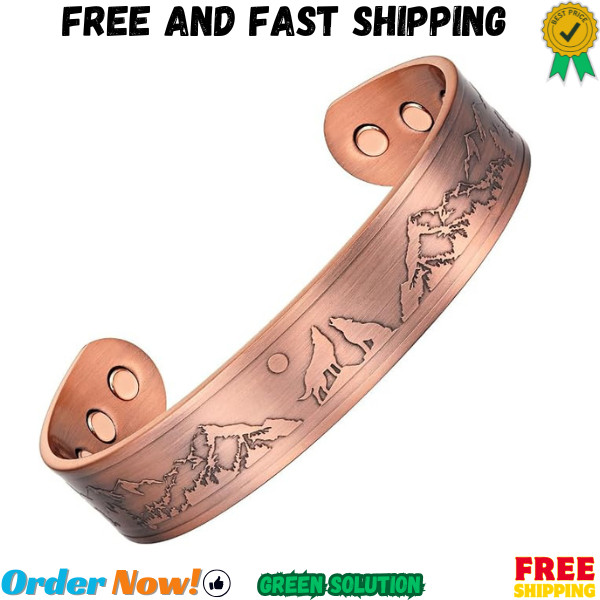 Mens Copper Bangle Wolf Bracelet Howling Wolves With Full Moon Wildlife Design