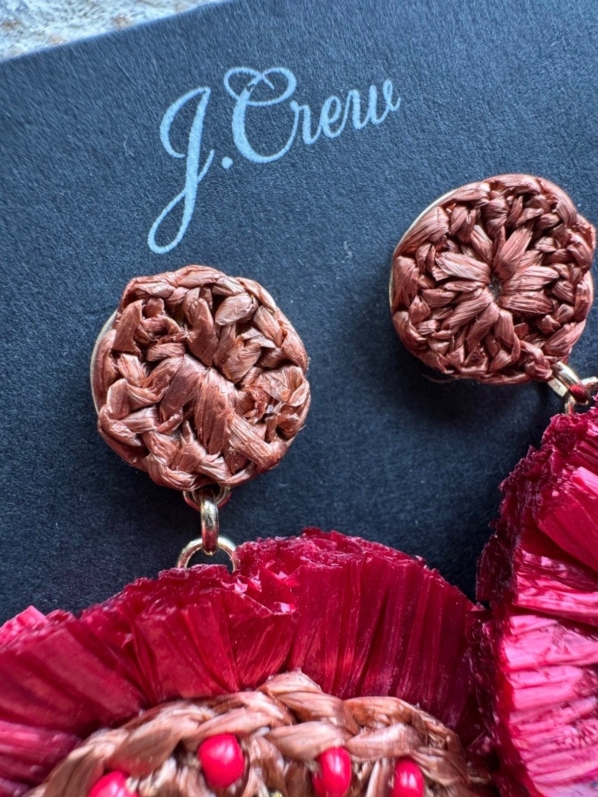 J.Crew Rock Red Raffia Statement Drop Earrings NWT Crystal Beaded AQ987 $65