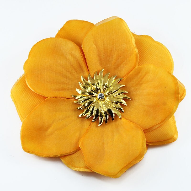 6 inches Satin Fabric Flower Brooch Large Gold Color Flower