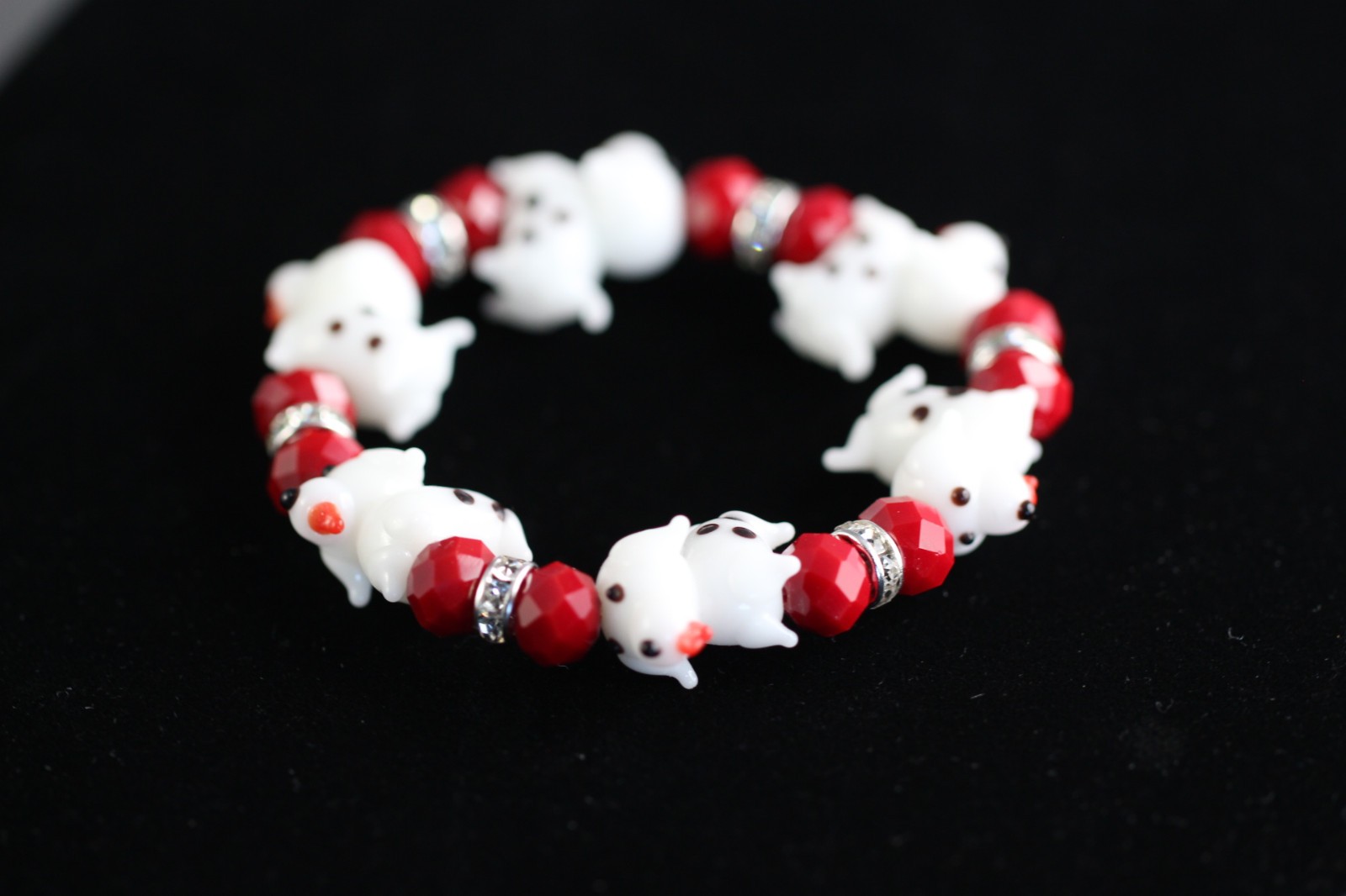 Dog Lampwork Bracelet 7″ Elastic Glass Beads Red Crystal White Polka Dot