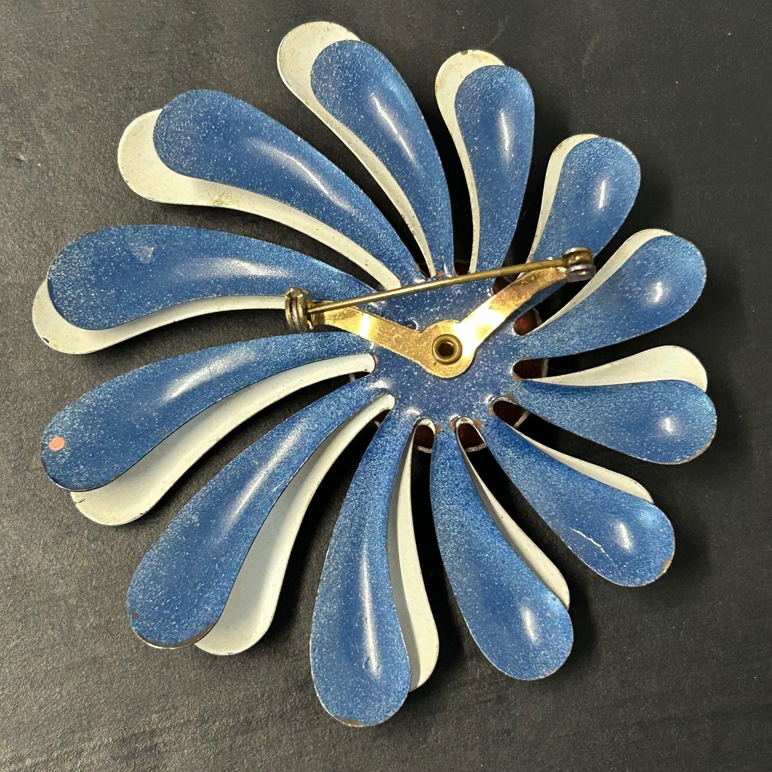 Vintage Blue White Rounded Dimensional Petals Metal Enamel Flower Brooch No Mark