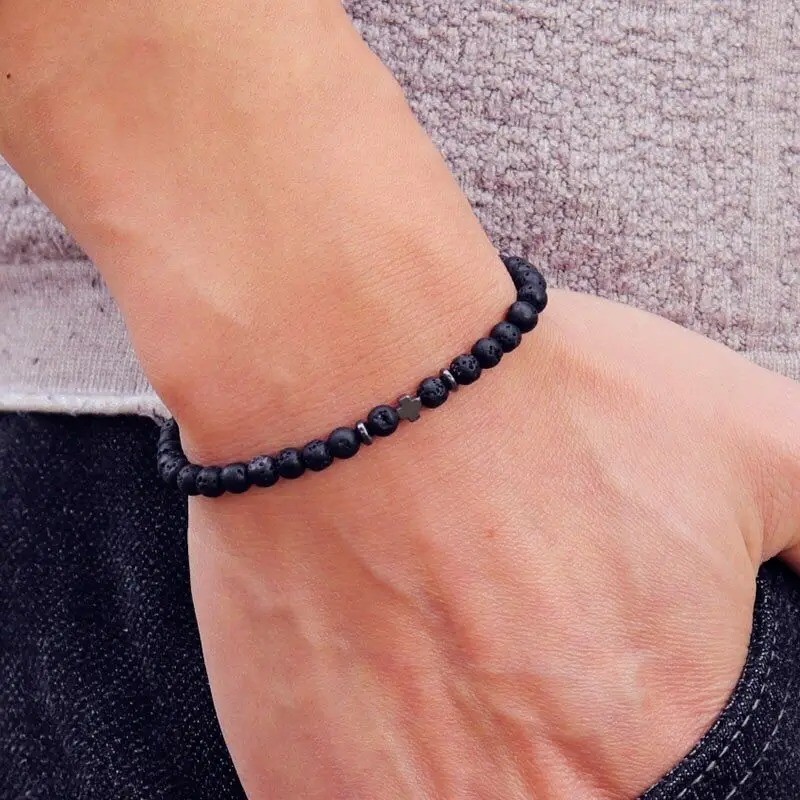 New Men Bracelet Stone Natural Hematite Cross Rice Bead Brazalet Boyfriend Gift