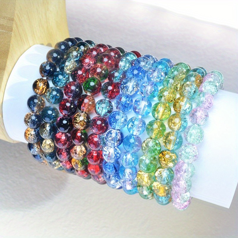 10Pcs 8mm Icy Crackle Sparkling Transparent Glass Bead Bracelet for Women