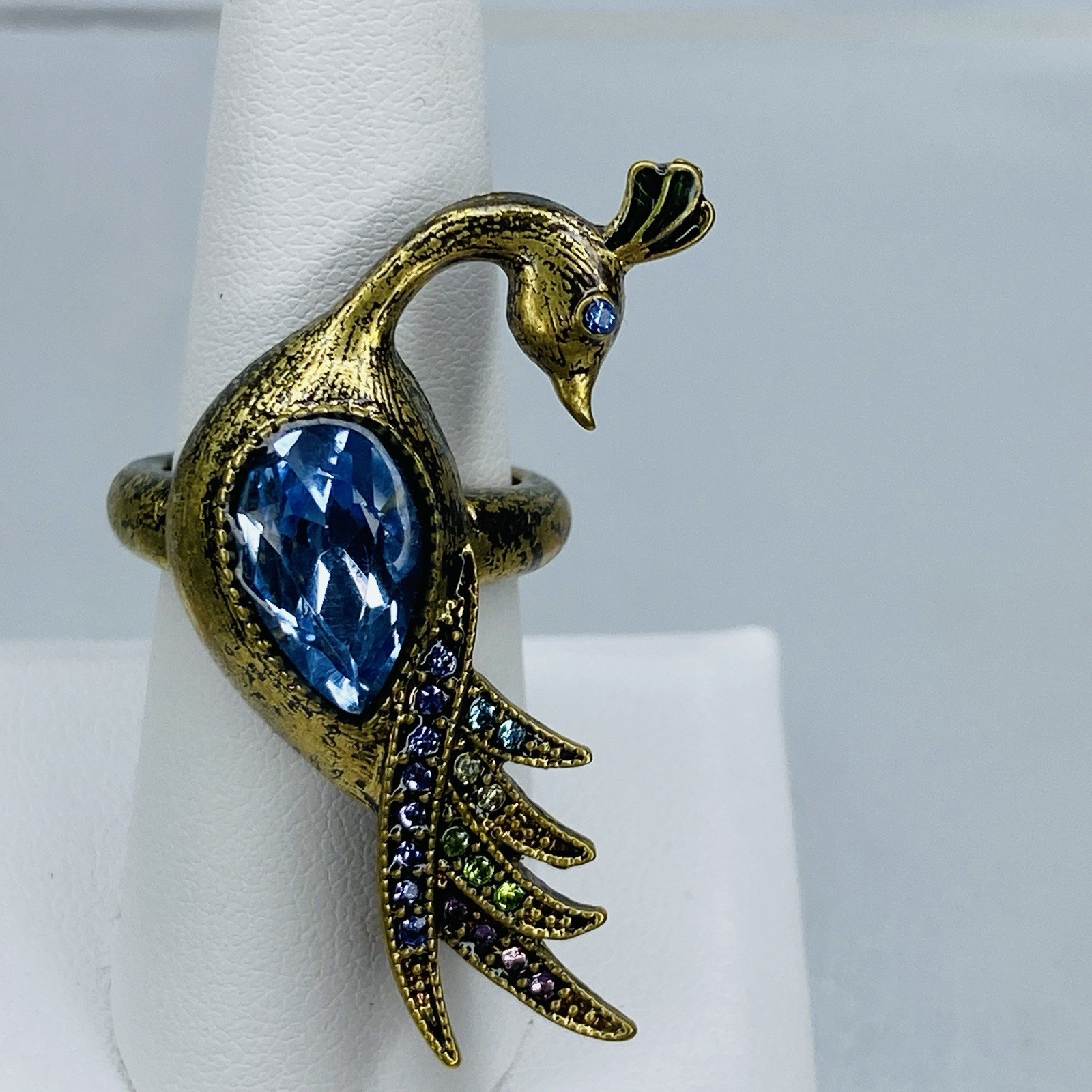 Antiqued Bronze Tone Multi Glass Rhinestone Peacock Cocktail Ring Sz 8 Avon VTG