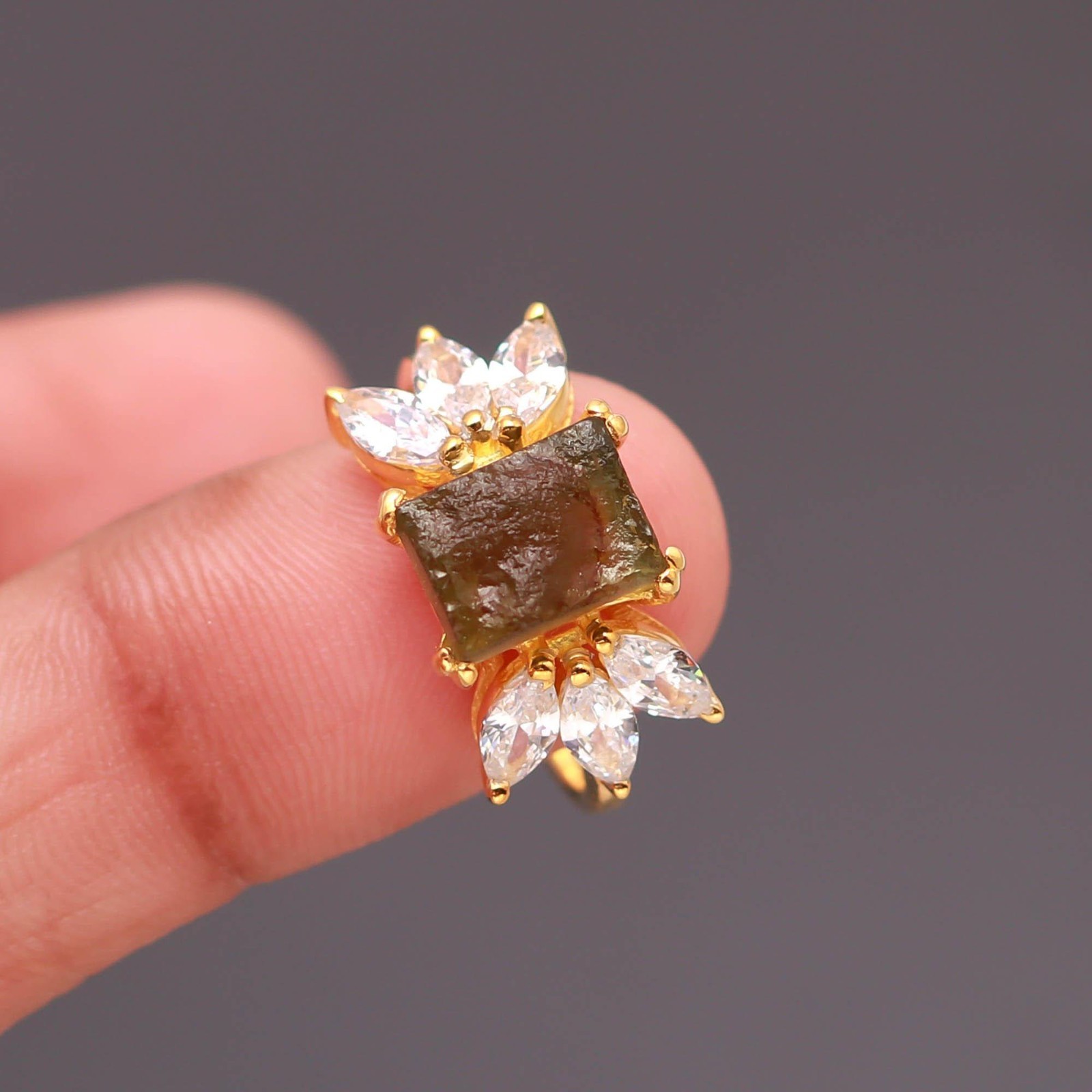 Raw Moldavite Octagon Ring, 925 Sterling Silver Gold Filled Handmade Jewelry