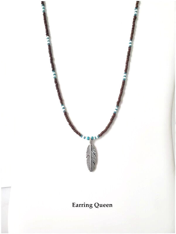 Brown & Turquoise Seed Bead Men Necklace 18 in Feather Pendant Necklace