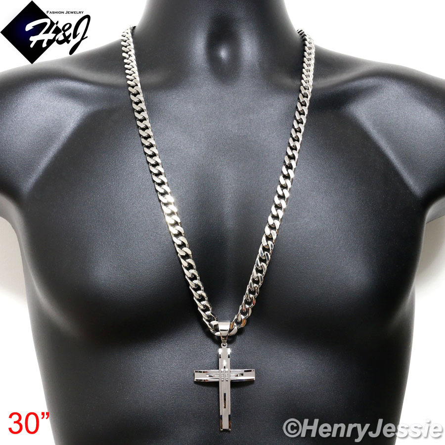 30″MEN Stainless Steel HEAVY 11x5mm Silver Cuban Curb Necklace Cross Pendant*A11