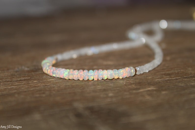 Ethiopian Opal & Moonstone Faceted Rondelle Beads Handmade Women Necklaces 18”
