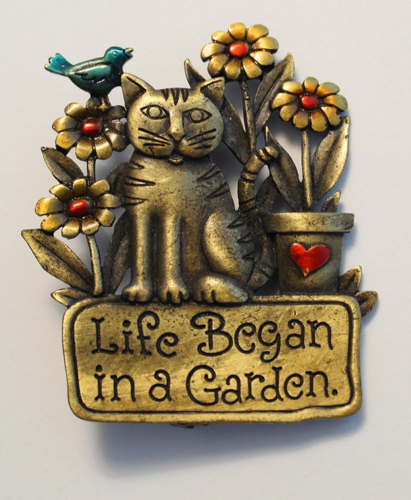 Vintage JJ Signed Gold Tone “Life Began in a Garden” Cat Bird Flower Brooch