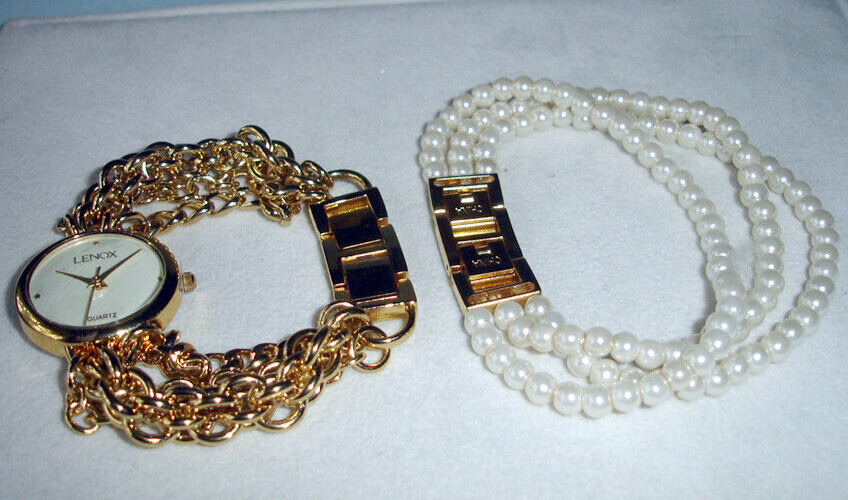 Lenox Goldplate Wrap Around Watch & 3-Strand Detachable Bracelet 2 PC. NEW Boxed