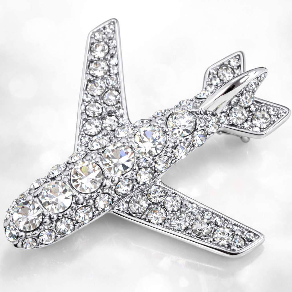 Crystals Airplane Flight Attendant Uniform Rhinestone Brooche Pin Silver Tone