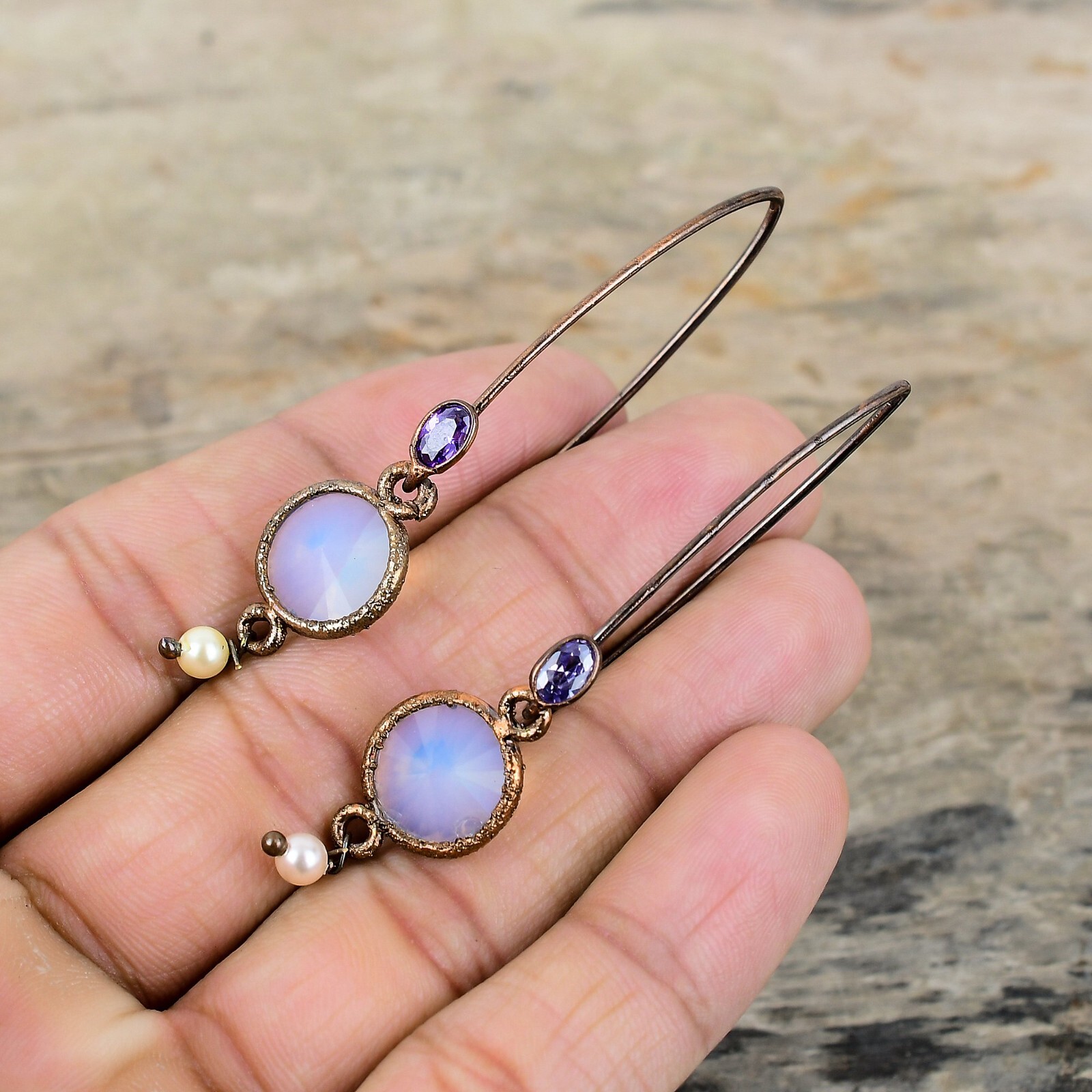 Natural Milky Opal African Amethyst Hook Electroformed Dangle Earrings Copper