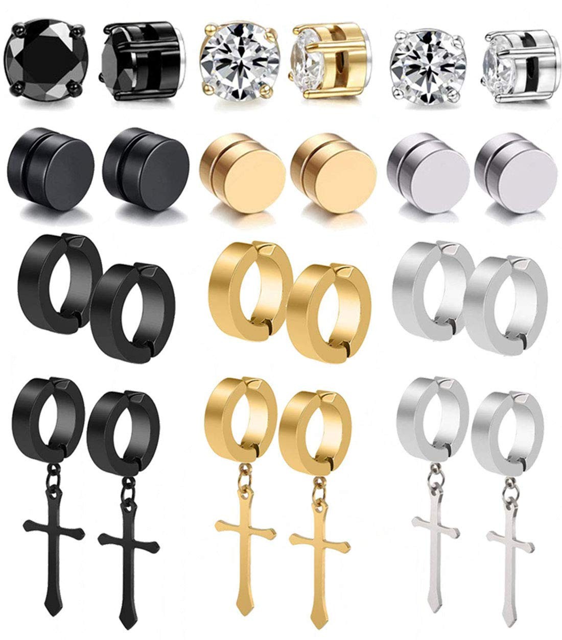 12 Pairs Stainless Steel Non Pierced Magnetic Earrings for Men Women CZ Clip …