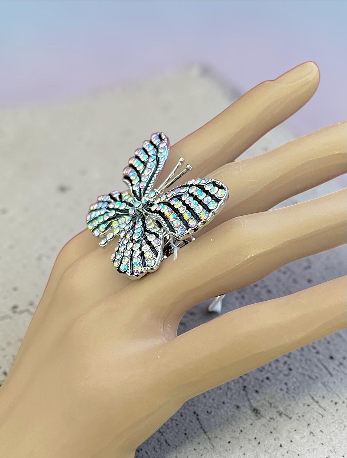 1.75″ Wide Silver Tone Fancy AB Crystals Butterfly Statement Adjustable Ring