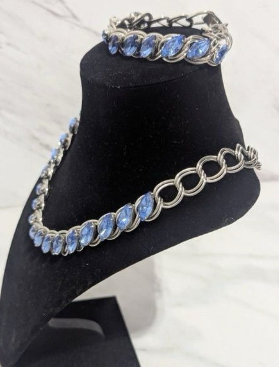 Unknown source Silver Tone Necklace & Bracelet Set with Blue Glass Marquise